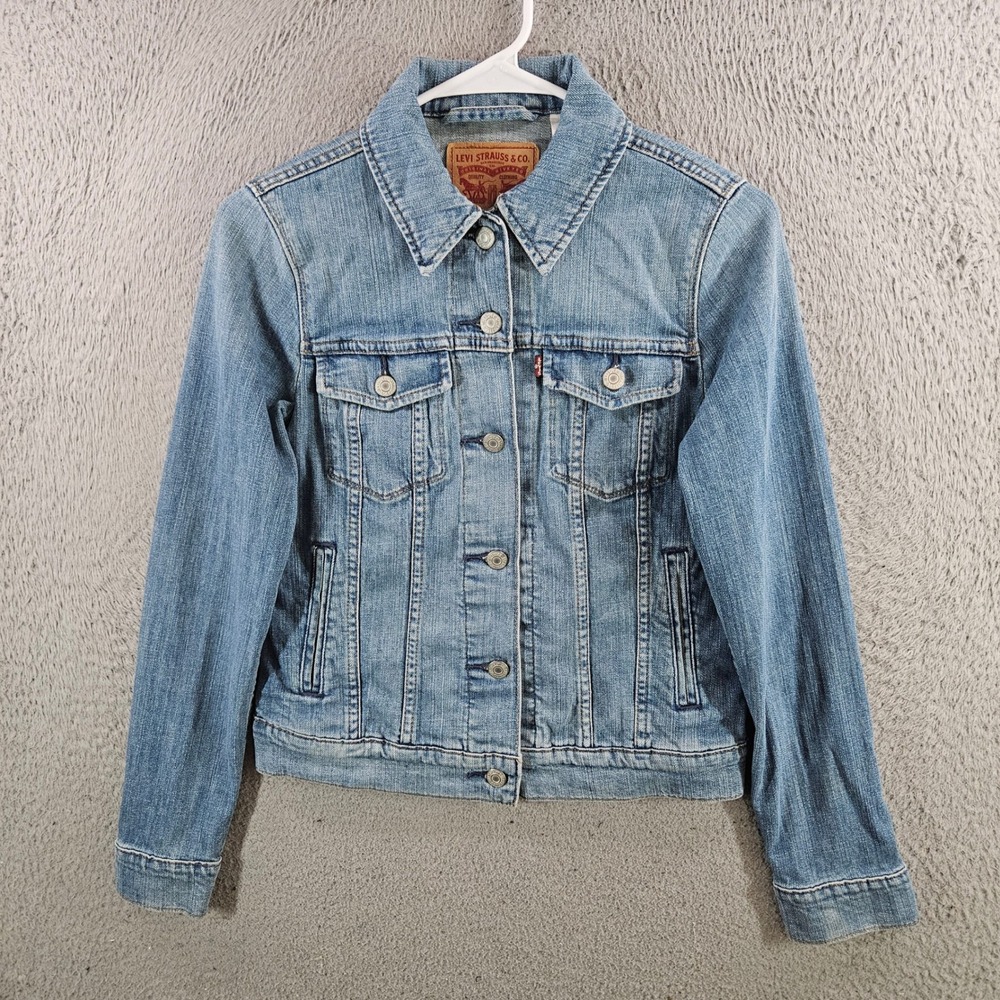 Levis Womens Denim Trucker Jacket Medium Wash Blue Stretch Size S